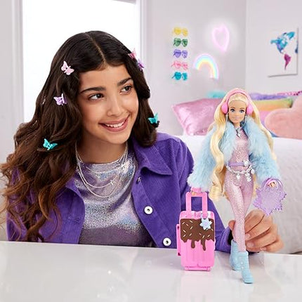 Barbie Extra Fly Doll with Snow-Themed Travel Clothes & Accessories, Sparkly Pink Jumpsuit & Faux Fur Coat