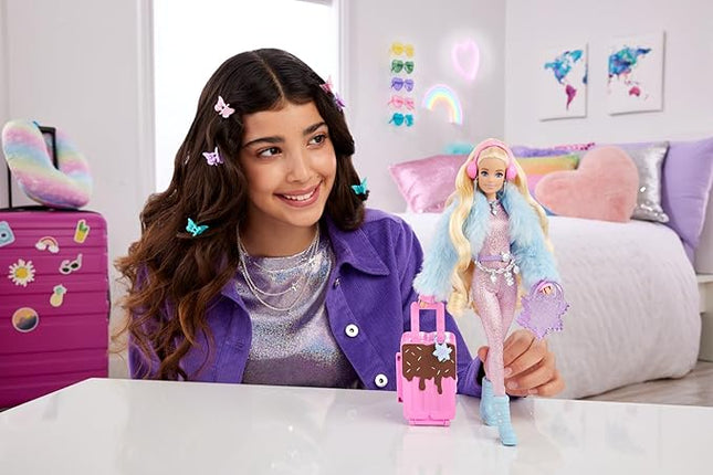 Barbie Extra Fly Doll with Snow-Themed Travel Clothes & Accessories, Sparkly Pink Jumpsuit & Faux Fur Coat