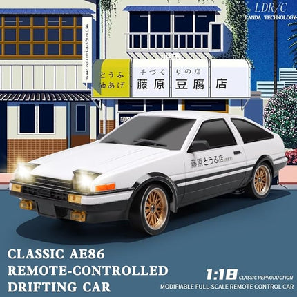 1:18 AE86 Model LD1801 RC Drift Car 1/18 2.4G Remote Control on Road ESP Gyroscope LED Mini RC Racing Cars (White)
