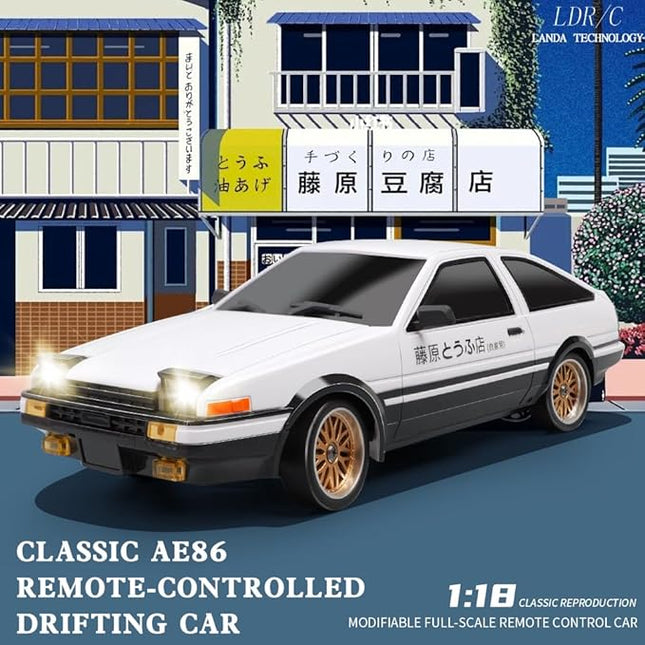 1:18 AE86 Model LD1801 RC Drift Car 1/18 2.4G Remote Control on Road ESP Gyroscope LED Mini RC Racing Cars (White)