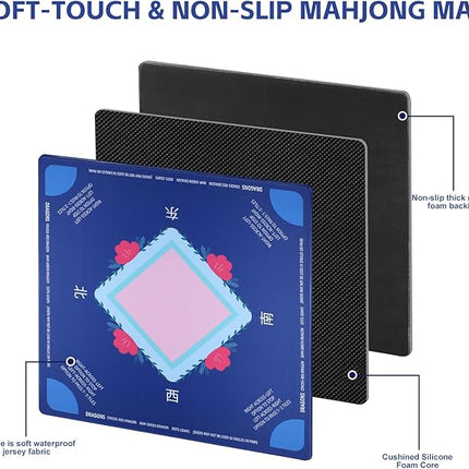 Mahjong Mat, No Creases Mahjong Mat for Table, 31.5x31.5 Inch Anti Slip Noise Reduction Mah jongg Mat, Mahjong Gifts with Carrying Bag, Mahjong Table Mat for Dominoes, Poker, Card, Board Games (Blue)