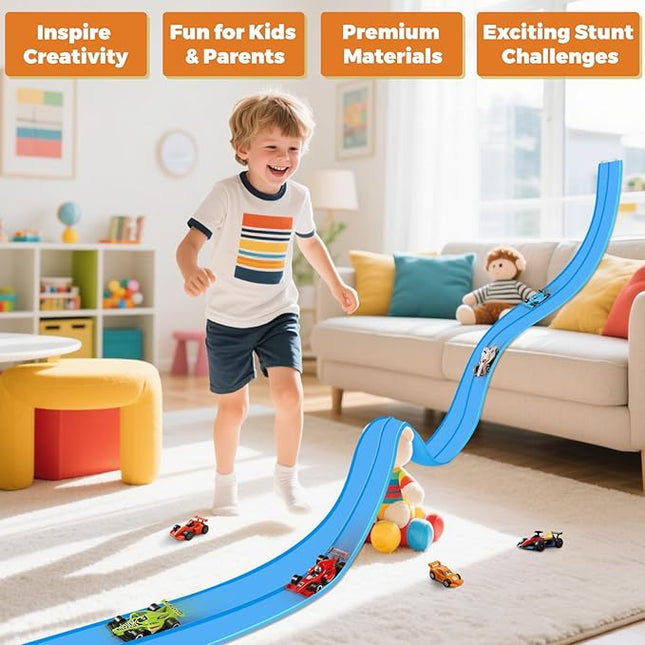 15 Ft Flexible Race Car Track, Portable Dual-Sided Race Car Track with 4 Cars & Suction Cups, Compatible with Hot Wheels & 1/64 Diecast Cars, Kids’ Car Ramp & Race Track (Blue)