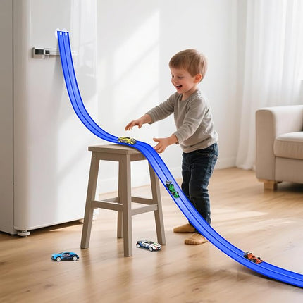KETIEE Flex Tracks 16Ft for Kids: Flexible Race Car Ramp Track with 4 Small Racecars and 8 Suction Cups Compatible with Hot Wheels and Diecast 1/64th Cars, Rolls Up Portable Racetrack for Ages 3 & Up