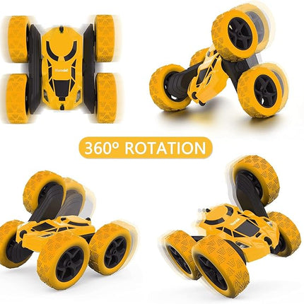 Remote Control Car Double Sided 360°Rotating 4WD RC Cars with Headlights 2.4GHz Electric Race Stunt Toy Car Rechargeable Toy Cars for Boys Girls Birthday (Yellow)