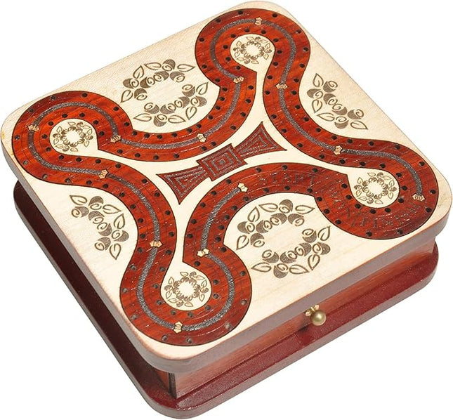 PALM ROYAL HANDICRAFTS 2 Track Wooden Cribbage Board - Two Player Cribbage (60 House) - Alphabet X Track Cribbage Board-2 Decks of Cards and pegs Available (5.5 x 5.5 Inches Small).