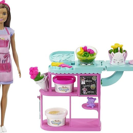 Barbie Florist Doll & Playset, Flower-Making Station with Molds, 3 Dough Colors & Accessories, Brunette Fashion Doll