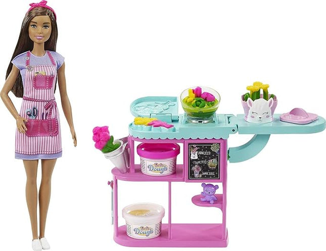Barbie Florist Doll & Playset, Flower-Making Station with Molds, 3 Dough Colors & Accessories, Brunette Fashion Doll