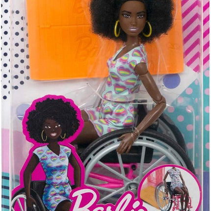 Barbie Doll with Wheelchair and Ramp, Kids Toys, Barbie Fashionistas, Curly Black Hair, Rainbow Heart Romper, Clothes and Accessories