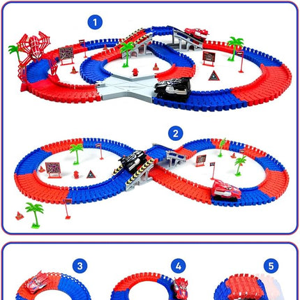 Spider Toys for Ages 5-7, Spider Race Track with 2 pcs Spider Cars Toys for 3 4 5 6 Year old Boys Girls DIY Flexible Tracks Playset Creative STEM Building Car Tracks for Kids Age 3-5 6-8 Birthday Gift