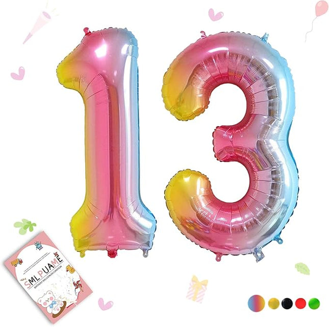 Smlpuame 40 Inch Number Balloons 0-9 Rainbow Gradient Large Number 13 Balloons, Digital Balloons for Birthday Party Celebration Decorations, Helium Foil Number Balloons for Wedding Anniversary