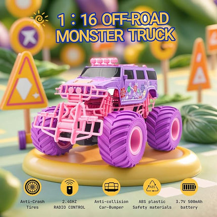 1:16 Scale RC Cars - All-Terrain Off-Road Monster Truck & Hummer, 2.4GHz Remote Control Vehicle Toys for Girls Ages 6-12 (Pink/Purple) | Box Included