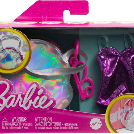 Barbie Clothes Set, Beach-Themed with Swimsuit, 5 Acessories & Zippered Doll-Sized Shell-Shaped Bag with Clip-On Ring, Iridescent