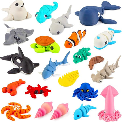 22PCS 3D Printed Sea Animals Toys, 3D Printed Mini Ocean Animals Articulating Flexible Fidget Toys, Cute Animal Figurines Toys Birthday Office Desktop Home Decoration