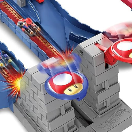 Hot Wheels Mario Kart Bowser’s Castle Chaos Modular Track with Side by Side Racing Lap Flags and Bowser Figure Connects to Other Sets Gift idea for Ages 3 Years and Older