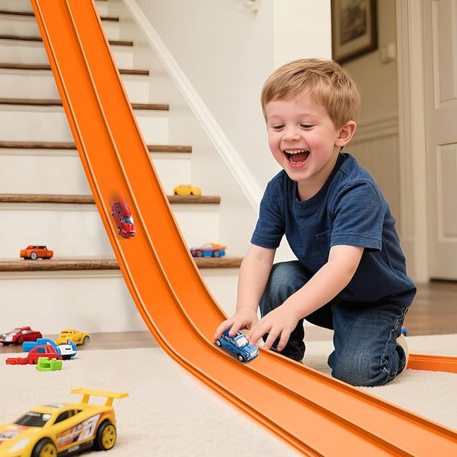 Upgrade Flexible Race Track for Hot Wheels Cars Flex Tracks for Kids 3+, 15Ft Race Car Track Compatible with Hot Wheels, Matchbox and Diecast 1/64th Cars, Roll Up Car Ramp Toy with Strong Suction Cups