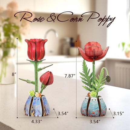 Jege 3D Flowers Wooden Puzzles for Adults,DIY Wooden 2 Flowers per Kit Building Set for Home Decor, Creative Craft Gift Toys Kits with 2 Perfume Bottles and Diffuser Sticks (Rose + Corn Poppy)