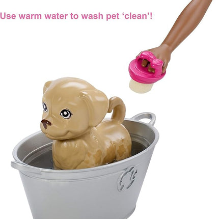 Barbie Play ‘n’ Wash Pets Playset with Brunette Doll, 3 Color-Change Animals (a Puppy, Kitten and Bunny) and 10 Pet and Grooming Accessories, Gift for 3 to 7 Year Olds