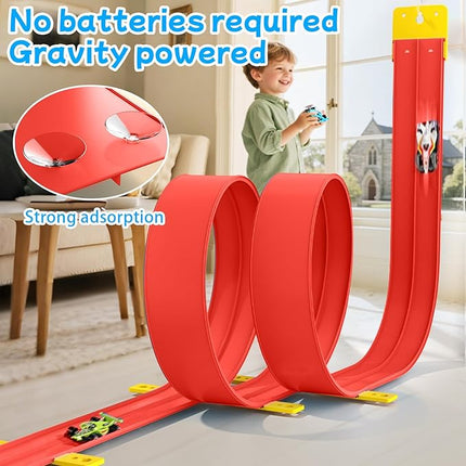 Ancaixin Flexible Race Track 17Ft Toys for Kids, Car Track with 4 Small Racecars Compatible with Hot Wheels and Diecast 1/64th Cars, Rolls Up Portable Racetrack, Birthday Gifts for Boys Girls Ages 3+