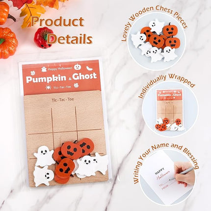 12Pcs Halloween Tic Tac Toe Board Game, Mini Wooden Tic Tac Toe Strategic Board Game with Cute Pumpkin, Ghost Pieces and Cards for Non Candy Halloween Treats Gift Party Prizes Family Activities
