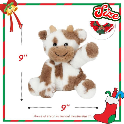Hopearl Adorable Christmas Plush Cow Toy Floppy Dairy Cattle Soft Stuffed Animal Cute Xmas Gifts for Boys Girls Kids Toddlers, Light Brown, 9''