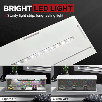 1/64 Scale Diecast Display Case for Hot Wheels Matchbox Cars, Toy Car Model Mini Garage with LED Light and Acrylic Cover, Stackable Parking Lot Diorama Storage for Collection Present