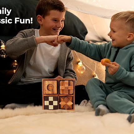 BSIRI Wooden Puzzle Box Set (4 Games) - Challenging Brain Teasers 3D Puzzles for Adults, Interlocking Games for IQ Test. Ideal for Rustic Patio Decor, Unique Gift for Christmas and Birthdays