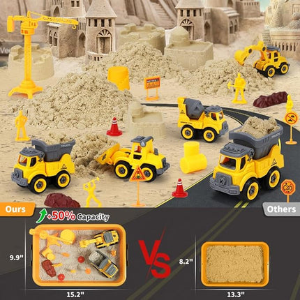 OENUX Play Sand Construction Set, Beach Building Castle Kit w/ 2.2lbs Play Sand, 4 Take Apart Construction Trucks Toys and Signs, Sensory Sandbox with Cover for Boy Girl Kid Toddlers Age 3-8