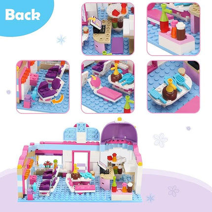 BRICK STORY Girls Friends Hair Salon Building Kit with 2 Mini People 5 Dolls Hair Pretend Play Set for Kids 358 Pieces with a Pink Convertible Car Gift Idea for Birthday for Girls Age 6-12 8-12