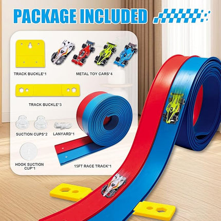 Flexible Race Track Toys for Kids 15 Ft with 4 Cars & Suction Cups, Portable Double Lane Racetrack Compatible with Hot Wheels & 1/64 Diecast Cars, Fun Car Ramp Track Set for Ages 3+(Blue & Red)