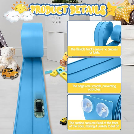 15 Ft Cobalt Blue Flexible Race Car Track,Two-Lane Flex Race Track， Sucion Cups, Compatible with Hot Wheels, Matchbox, Diecast 1/50th Toy Cars (Sky Blue)