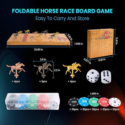 Large 23 inches Bamboo Horse Racing Board Game Foldable Horse Race Board Game with 11 Metal Horses 2 Dice 2 Decks of Cards and 100PCS Chips
