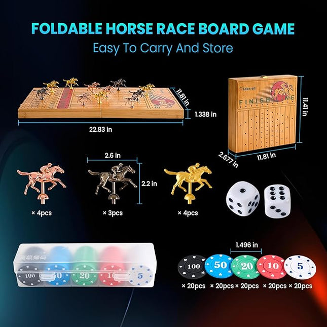 Large 23 inches Bamboo Horse Racing Board Game Foldable Horse Race Board Game with 11 Metal Horses 2 Dice 2 Decks of Cards and 100PCS Chips