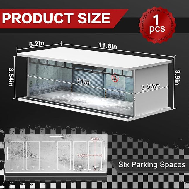 1/64 Scale Diecast Display Case for Hot Wheels Matchbox Cars, Toy Car Model Mini Garage with LED Light and Acrylic Cover, Stackable Parking Lot Diorama Storage for Collection Present