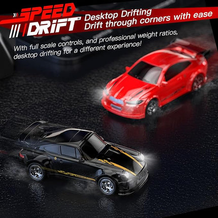 Desktop Mini Size 1:64 Scale 4WD RC Drift Car with Skill-Building Drift Control & LED Lights – Learn Drift Techniques, Fast Charge, Adjustable Throttle, 2.4GHz Remote – Black