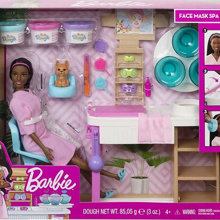 Barbie Face Mask Spa Day Playset with Brunette Doll, Puppy, Toy Spa Station with 4 Molds, 3 Tubs of Barbie Dough & 10+ Accessories to Create & Remove Face Blemishes on Doll & Puppy, for Kids