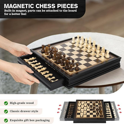 Peradix Magnetic Chess Checkers Board Sets with 2 Built-in Storage Drawers,12.8" Classic 2 in 1 Wooden Games with 2 Extra Queens for Kids and Adults,Travel Portable Chess Game Set