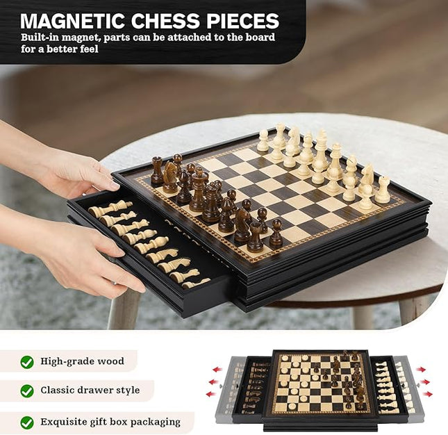 Peradix Magnetic Chess Checkers Board Sets with 2 Built-in Storage Drawers,12.8" Classic 2 in 1 Wooden Games with 2 Extra Queens for Kids and Adults,Travel Portable Chess Game Set