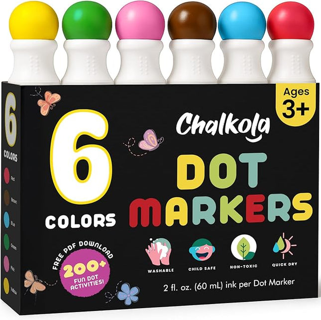 Chalkola 6 Washable Dot Markers for Toddlers 1-3 | Non Toxic Bingo Daubers for Toddlers 2-4 | Preschool, Kindergarten Paint Stamp Markers Set - Dot Art and Crafts Supplies for Kids