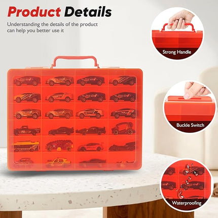 Toy Storage Organizer Case for Hot Wheels Car, for Matchbox Cars, for Mini Toys, for Small Dolls. Carrying Box Container Carrier with 24 Compartments (Box Only) (Red)