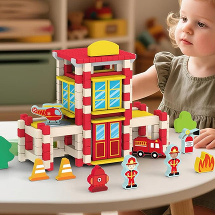 157PCS Wooden Building Blocks Set for Toddlers, Construction City Stacking Toys, Preschool Learning Educational Toys for Kids 3+ Years Girls and Boys (Fire Station)