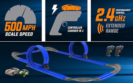 2.4 GHz Radio Control Remote Slot-Less, Cordless Racing Super Loop Speedway Track Set with Two Cars