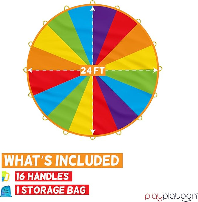 Play Platoon Rainbow Parachute Toy for Kids, 24 ft Play Parachute Game for Kids with 16 Handles, PE Equipment for Elementary School Gym Class, Backyard/Indoor Equipment