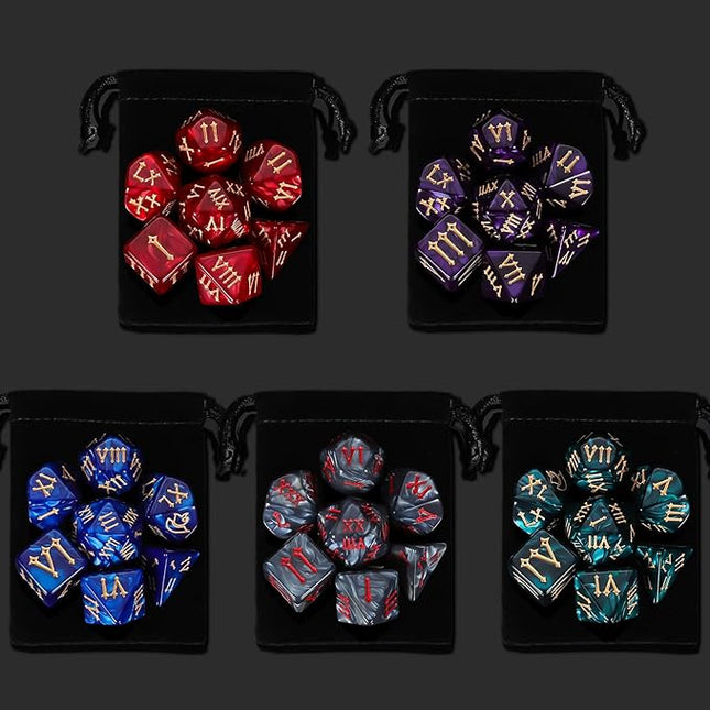 QMay 5 Sets Polyhedral Dice - 5 X 7 (35 Pieces) DND Dice with 5 Drawstring Bags, Roman Number Pattern D4 D6 D8 D10 D% D12 D20, Great for Dungeons and Dragons, RPG, MTG,Role Playing Table Games
