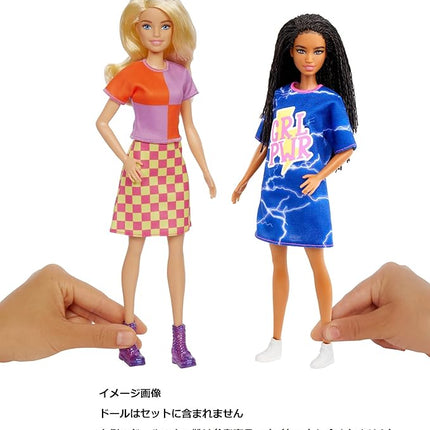 Barbie Fashions 2-Pack Clothing Set, 2 Outfits Doll Include Color-Blocked Shirt with Checkered Skirt, “GRL PWR” Dress & 2 Accessories
