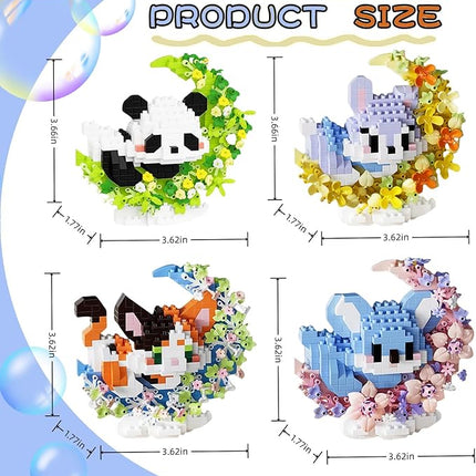 4 Packs Micro Building Block Sets, Cute Animals Micro Set with Flower and Moon, Building Blocks for Adults, Ideal for Collection and Desktop Decoration (Panda Bunny Cat Koala)