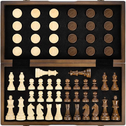 AMEROUS Magnetic Wooden Chess and Checkers Game Set, 15 Inches (2 in 1) Chess Board Games, 2 Extra Queens - Gift Package - Game Pieces Storage Slots, Beginner Chess Set for Kids, Adults