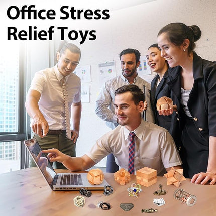 Syhood 14 Pcs Metal Brain Teaser Puzzles Ring Interlock Logic Puzzle Metal Wooden IQ Education Games Lock Challenging Gift for Adults Kid Office Party Table Toys(Educational)