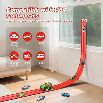 KETIEE Flex Tracks 16Ft for Kids: Flexible Race Car Ramp Track with 4 Small Racecars and 8 Suction Cups Compatible with Hot Wheels and Diecast 1/64th Cars, Rolls Up Portable Racetrack for Ages 3 & Up