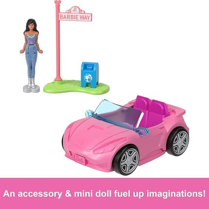 Barbie Mini BarbieLand Toy Vehicle Playset with 1.5-inch Doll & Convertible Car with Color-Change Surprise, Plus Street Sign Accessory