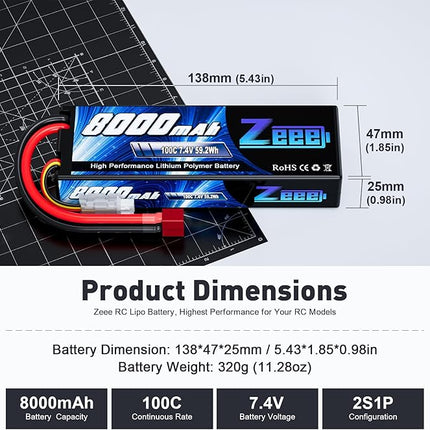 Zeee 2S Lipo Battery 8000mAh 7.4V 100C Hard Case RC Battery with T Plug for 1/8 and 1/10 RC Car Models RC Truck RC Vehicles RC Truggy RC Boat Helicopter